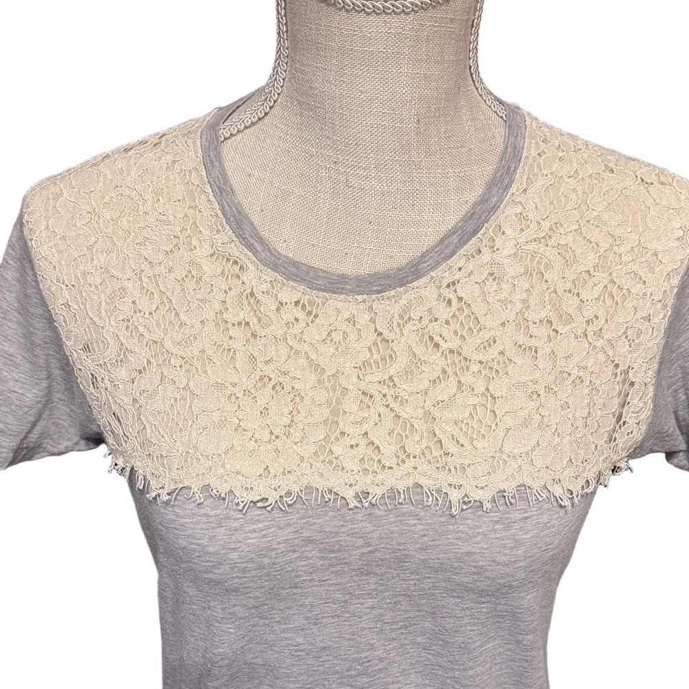 J. Crew Short Sleeve Light Gray Tee with Cream Lace Detail - Picture 2 of 3